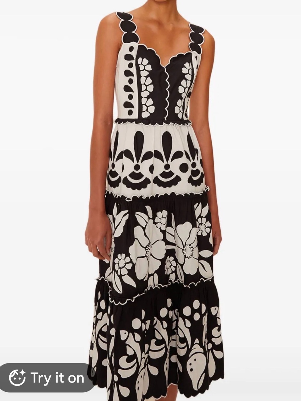 Farm Rio scalloped appliqué black white garden midi dress small